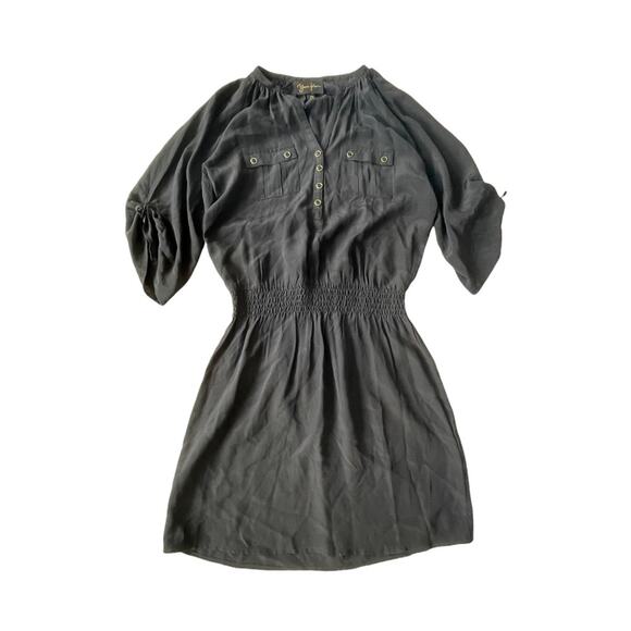 Yumi Kim Silk Utility Mini Dress Smocked Waist Roll Sleeve Black XS EUC - Picture 1 of 14